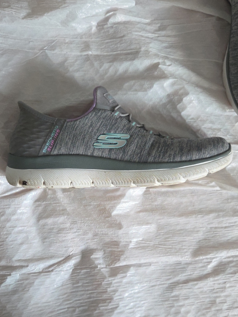 Skechers Gray Slip-On Sneaker with Teal Logo and Purple Accents